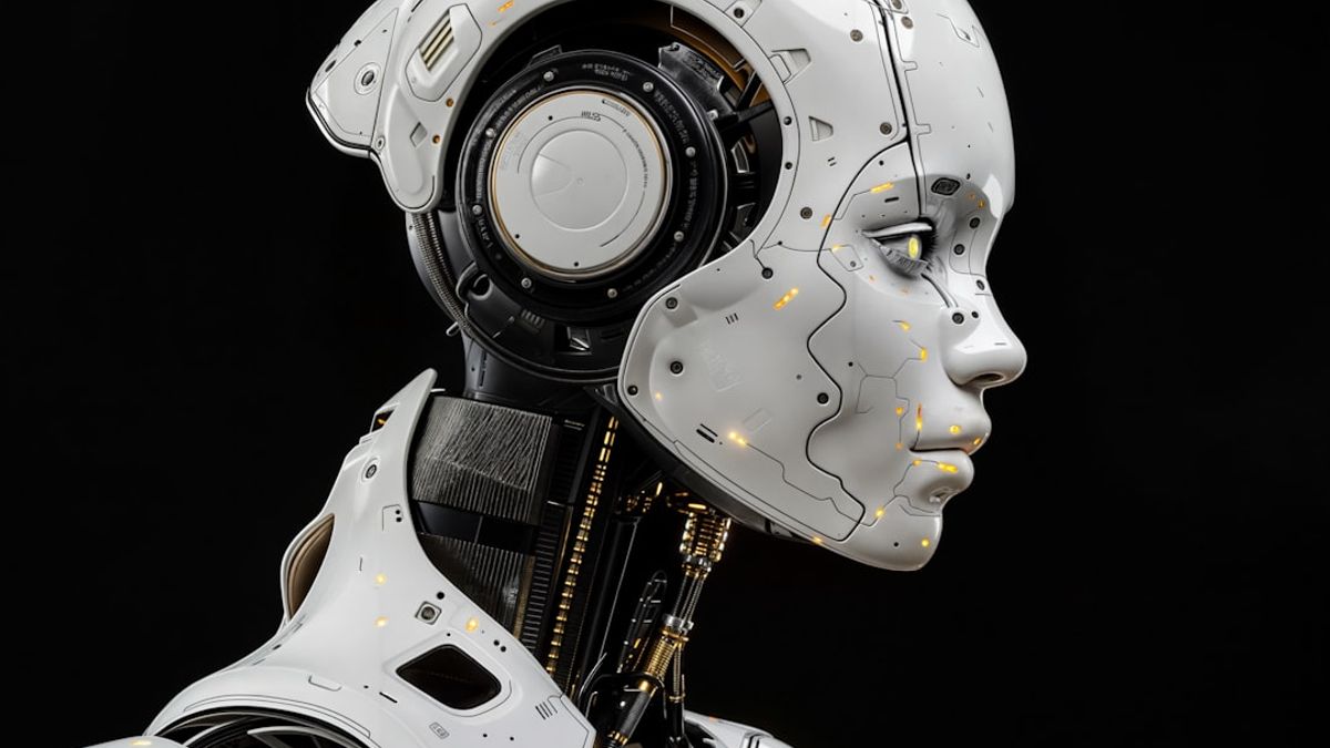 A white robot is standing in front of a black background