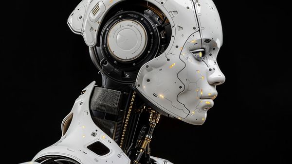 A white robot is standing in front of a black background