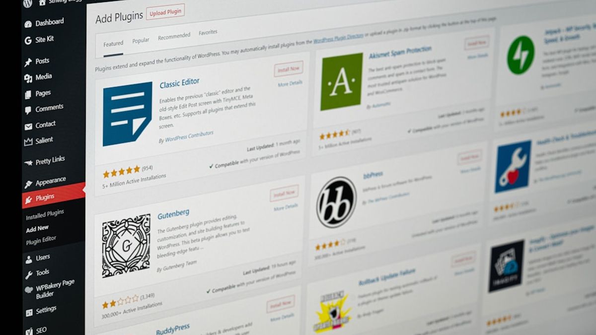 A computer screen displaying the WordPress plugin installation page with various software options