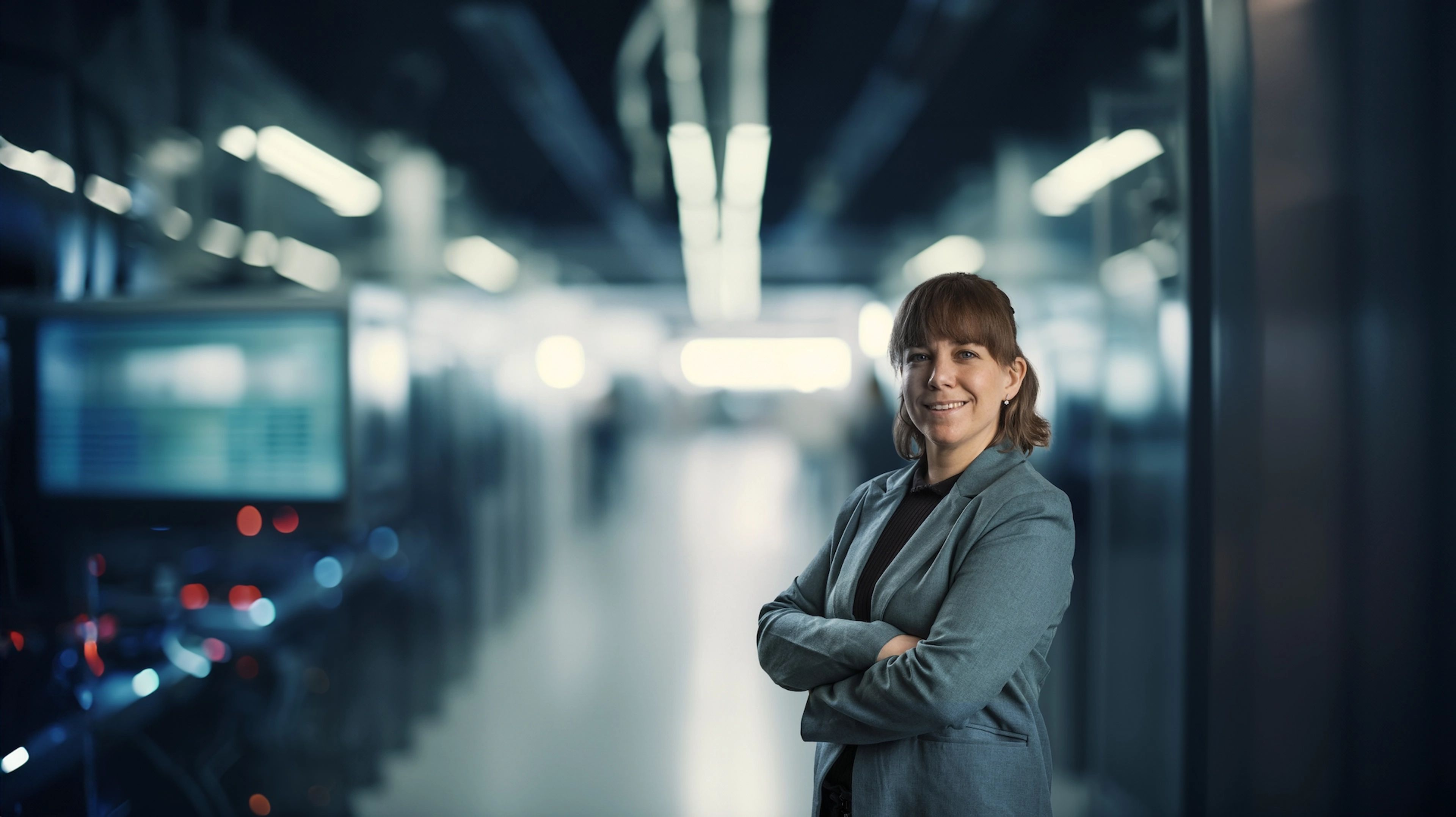 Smiling professional in a grey blazer standing with arms crossed in a dimly lit AXTech industrial facility, with control equipment and blue lighting in the background.