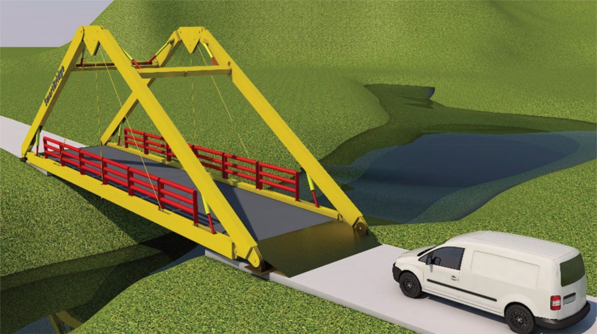 SmartBridge product render: yellow truss bridge with red railings spanning a stream, viewed from the side.