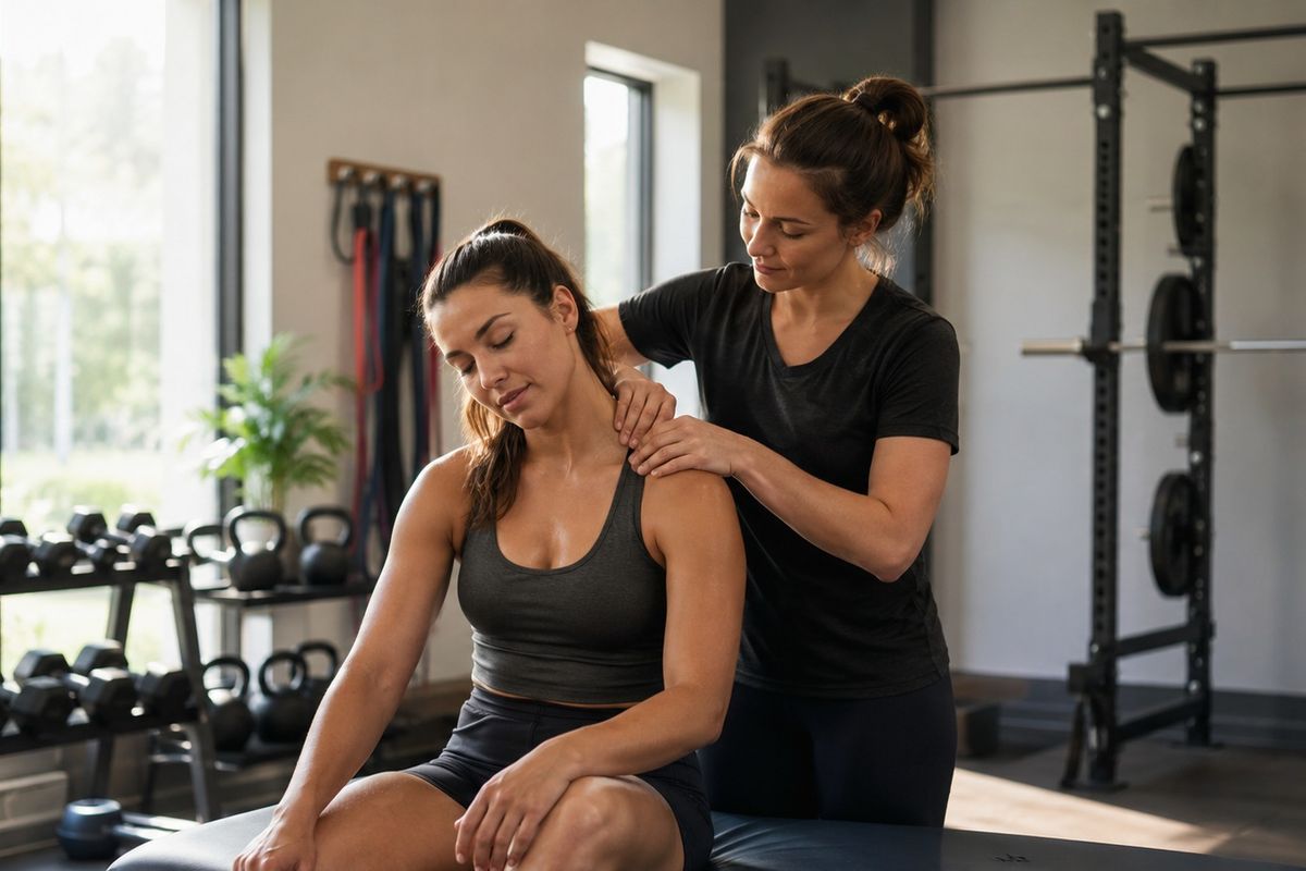 A woman massaging someone in a gym 