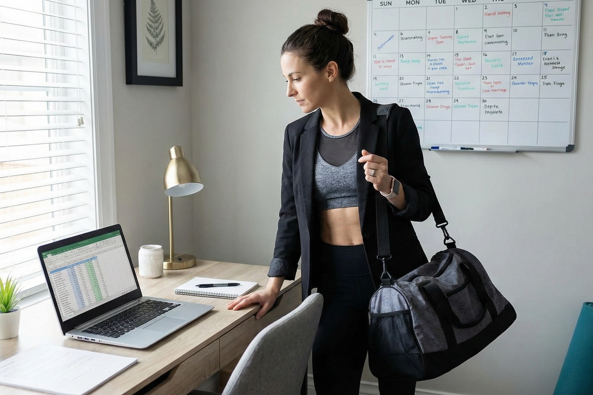 woman standing at a desk with a gym bag