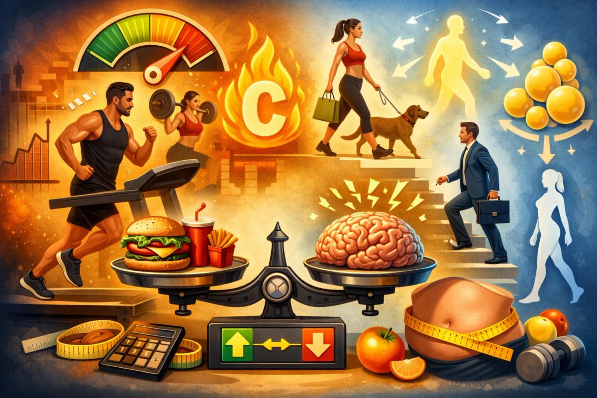 Back view of a person with long brown hair, overlaid with a stylized illustration showing a balance scale comparing food (burger and fries) versus a brain, with a partial messaging conversation visible at the bottom of the image.