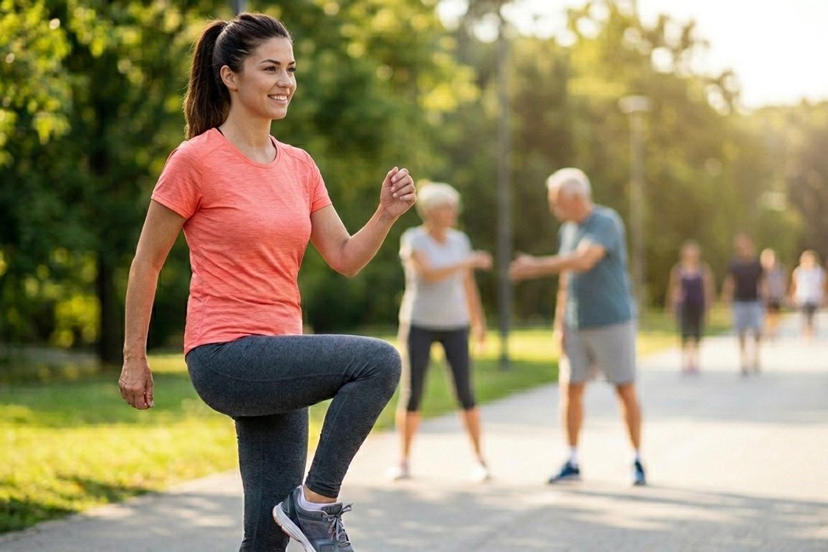Athletic woman performing a high-knee warm-up exercise on a sunlit park path, with a small group of older adults stretching and walking in the background.