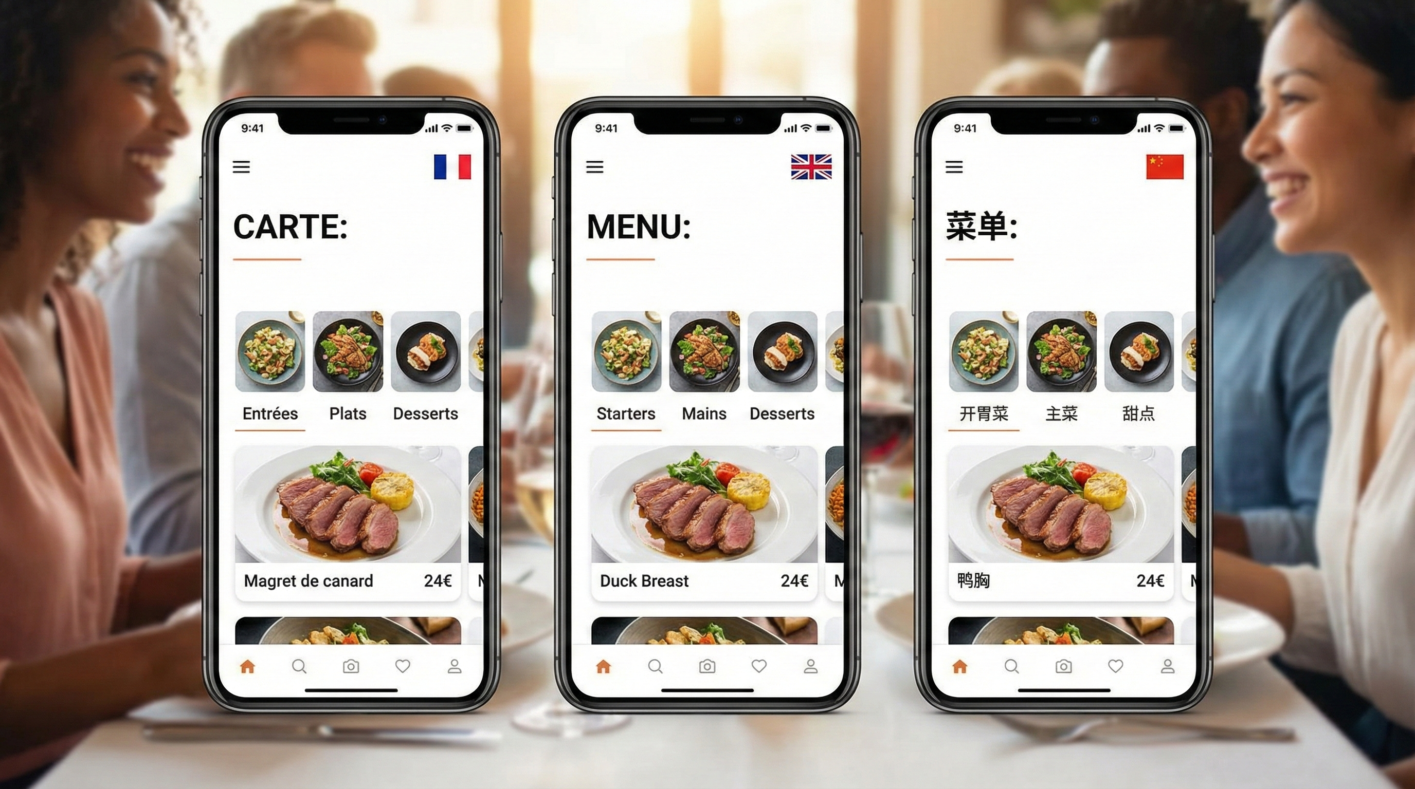 Trois smartphones montrant une carte de restaurant en trois langues différentes