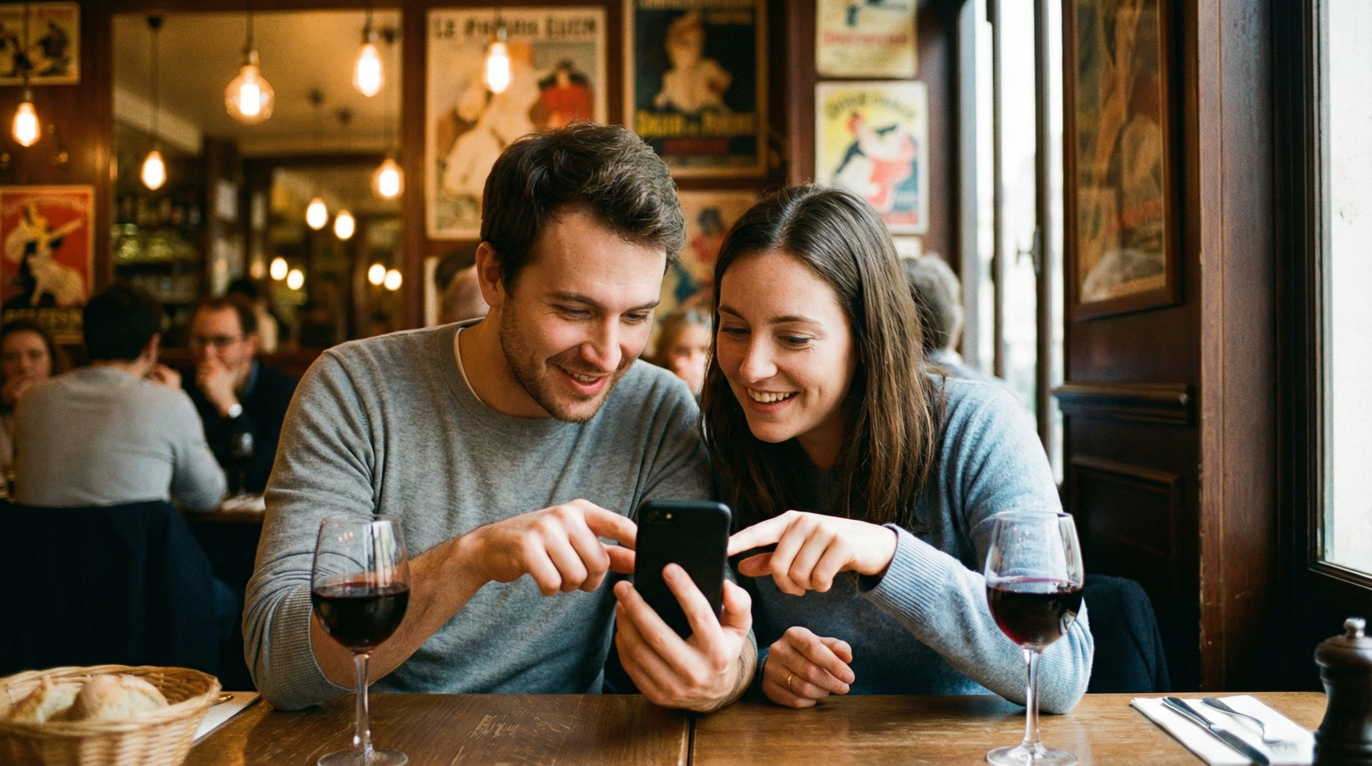 couple restaurant regardant le menu sur un téléphone