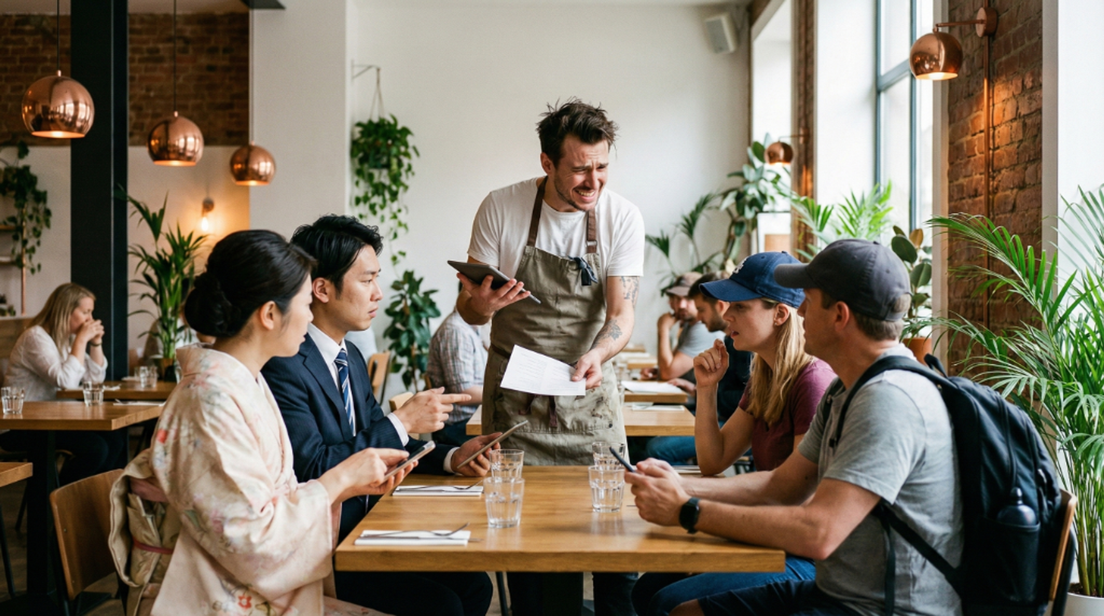 Serveur à une table de restaurant avec ses clients