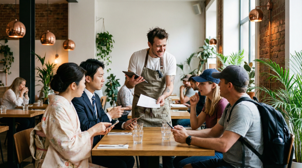 Serveur à une table de restaurant avec ses clients
