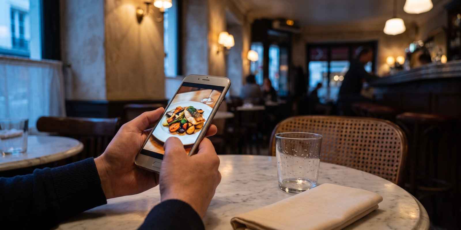 Client consultant la carte digitale d'un restaurant sur son smartphone à table