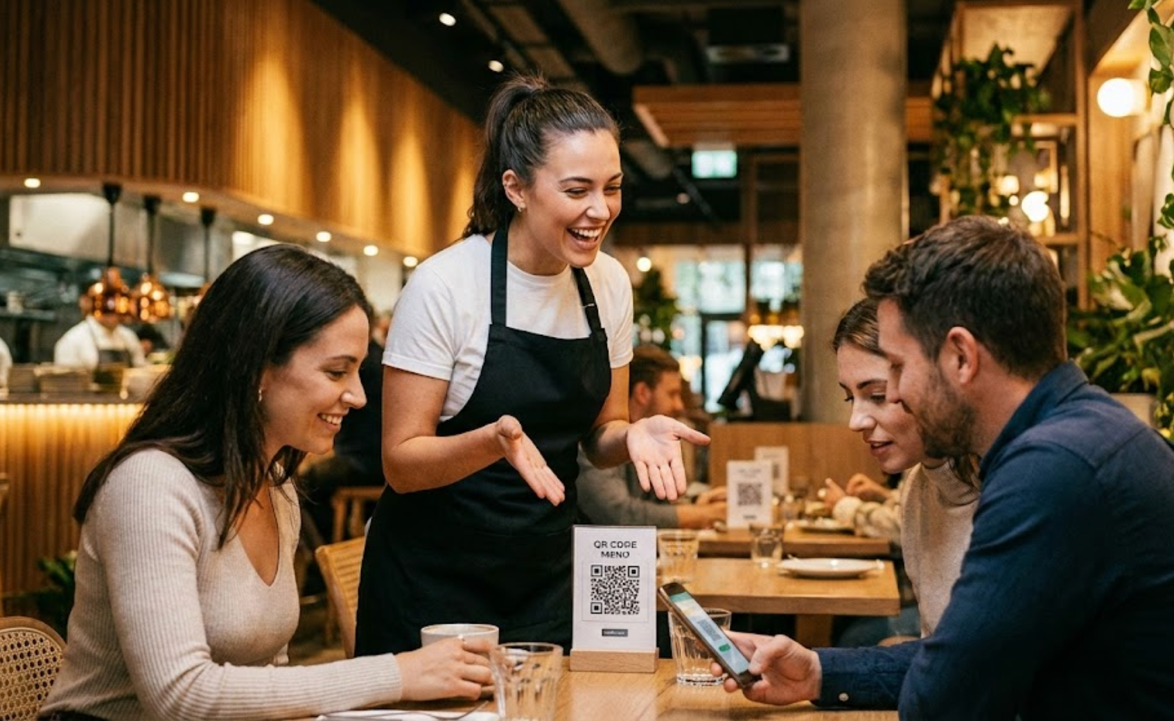 Serveuse présentant le menu qr-code