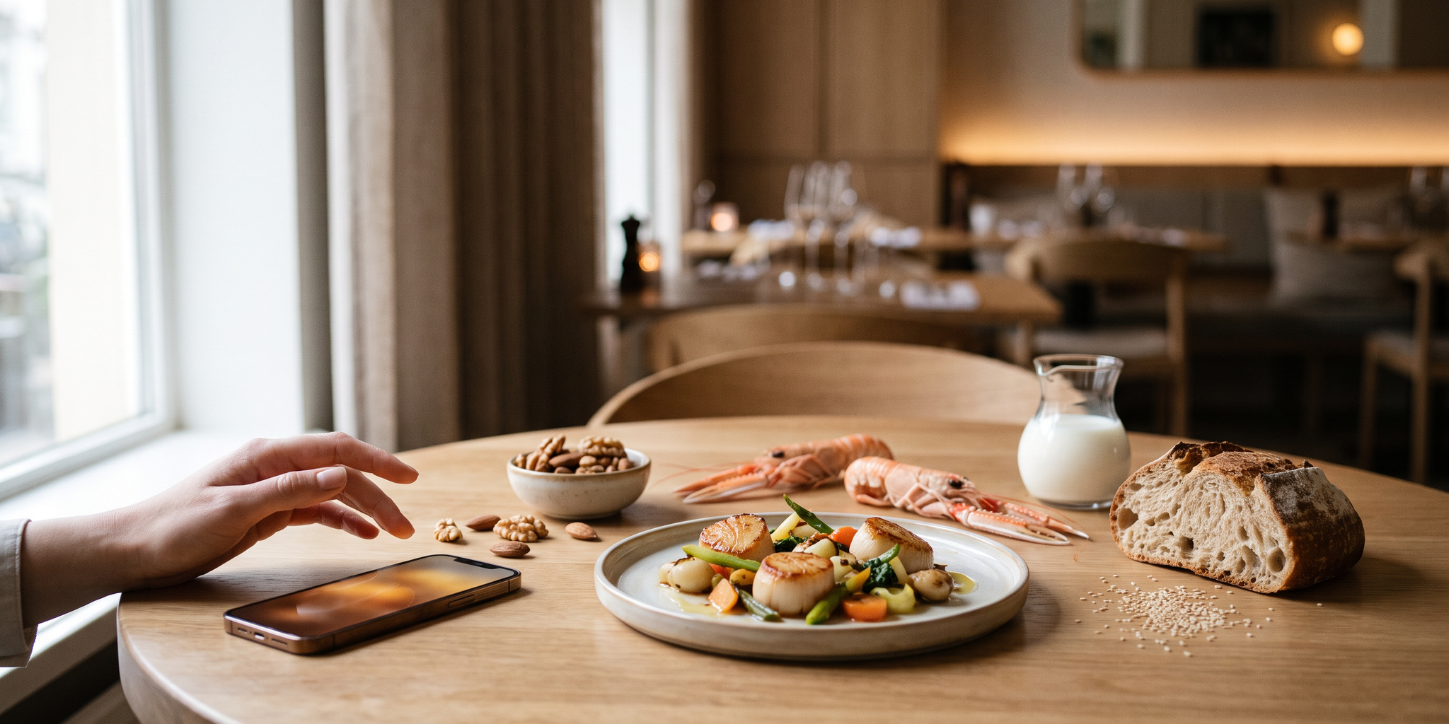 Affichage des allergènes au restaurant : menu digital et ingrédients allergènes sur une table de bistrot