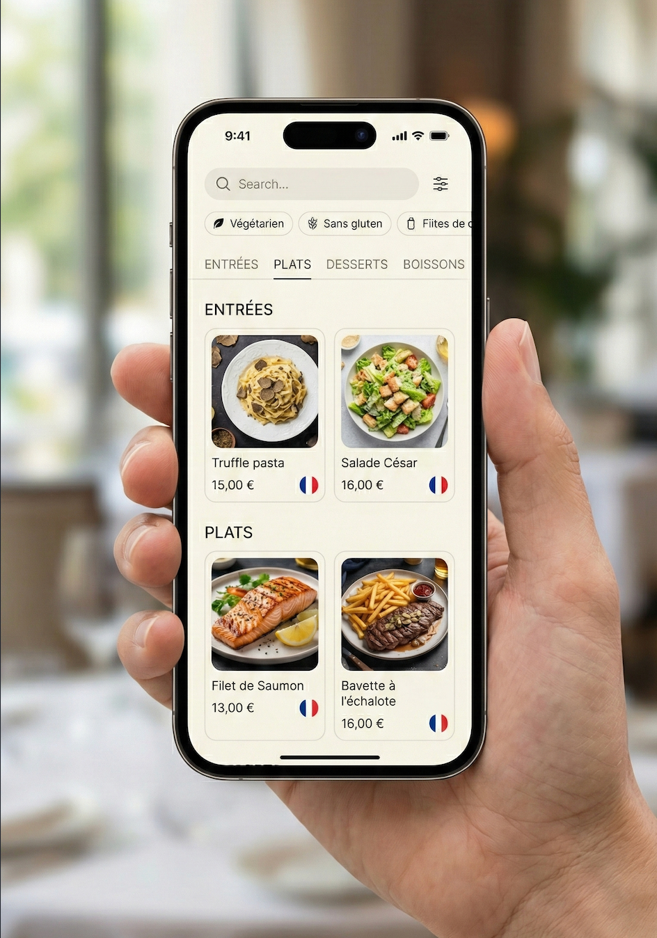 Menu interactif de restaurant sur smartphone