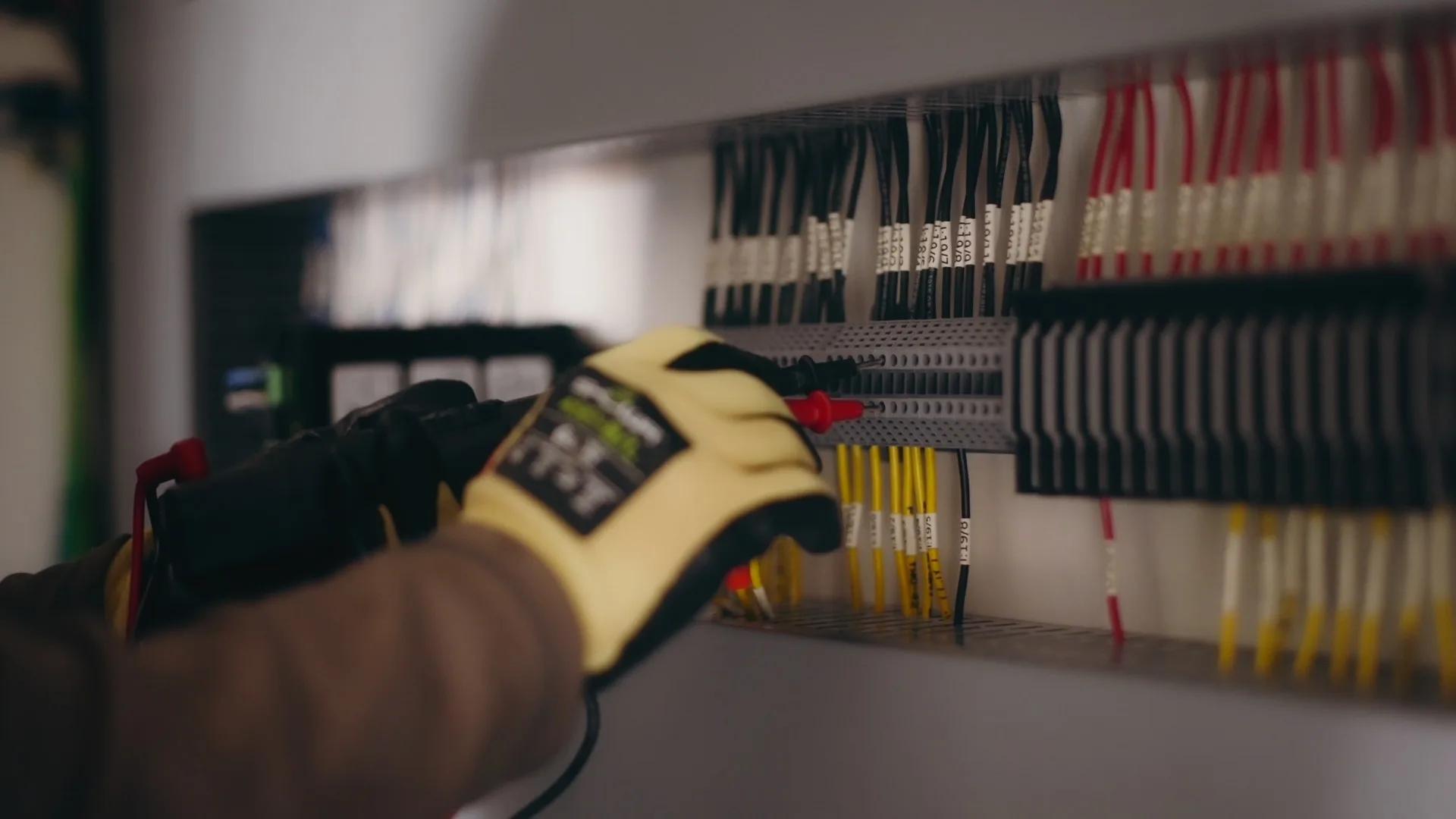 A gloved hand works on terminal blocks and wiring inside a control panel
