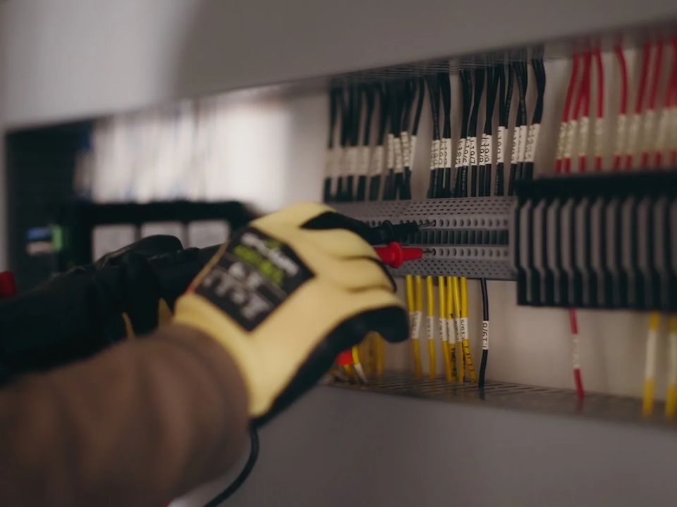 A gloved hand works on terminal blocks and wiring inside a control panel