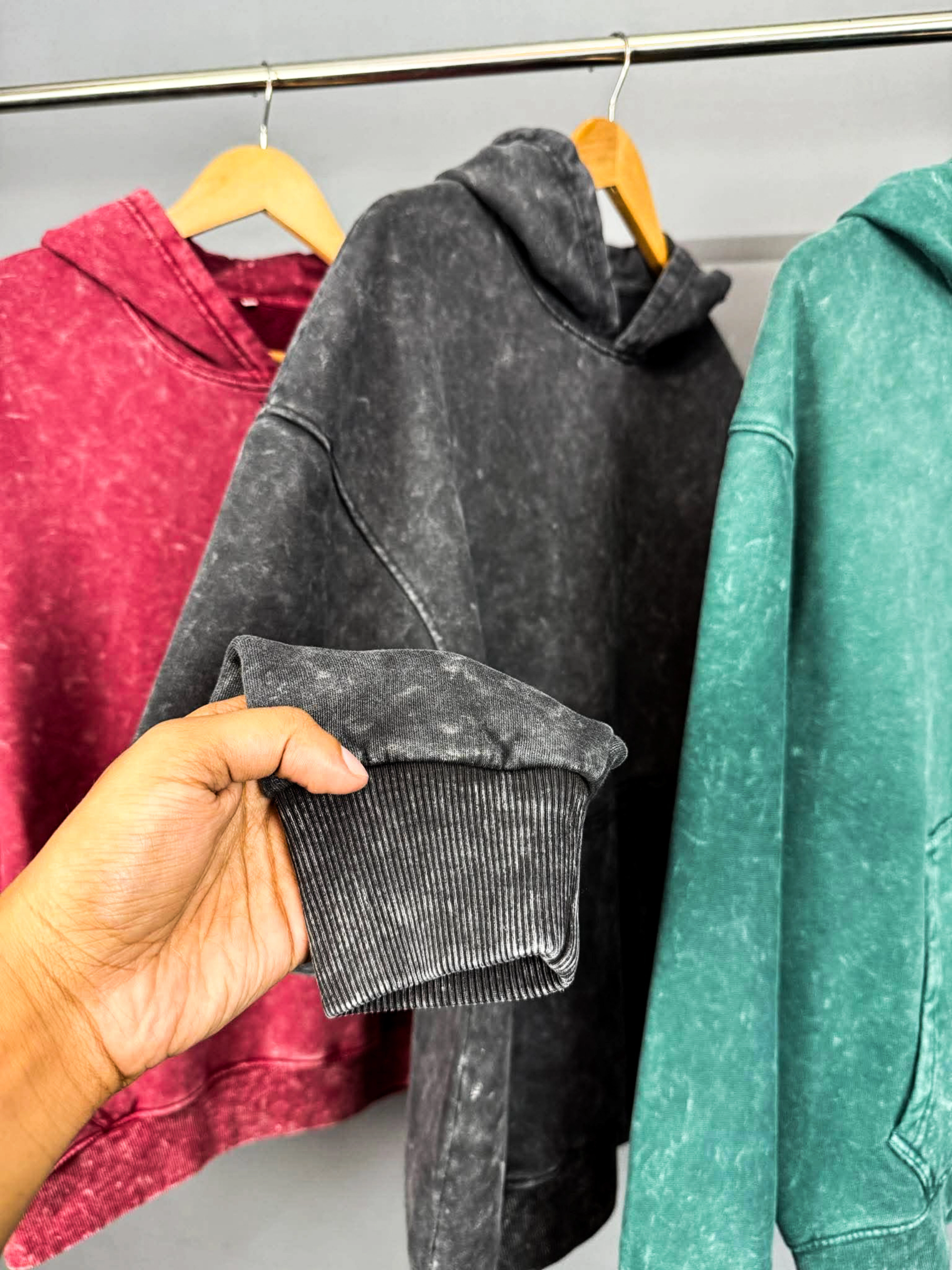 Solid Oversized Hoodie - Black Acid Wash view 6