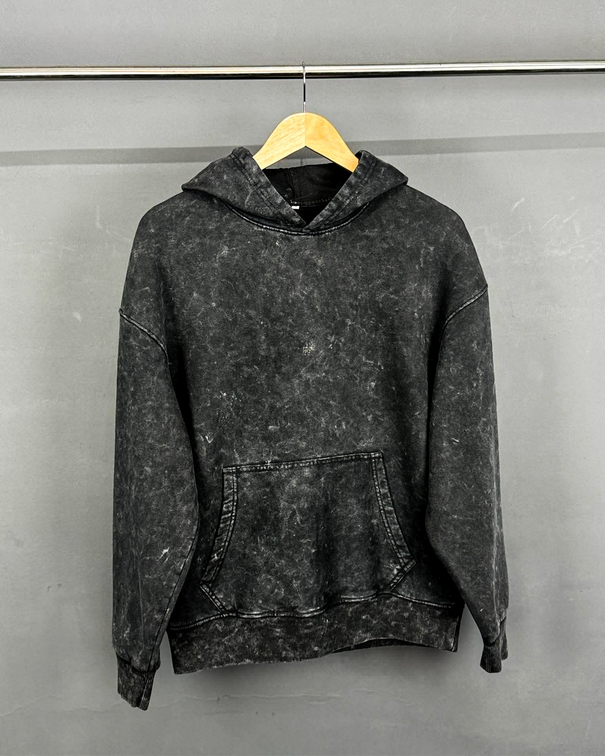Solid Oversized Hoodie - Black Acid Wash view 5
