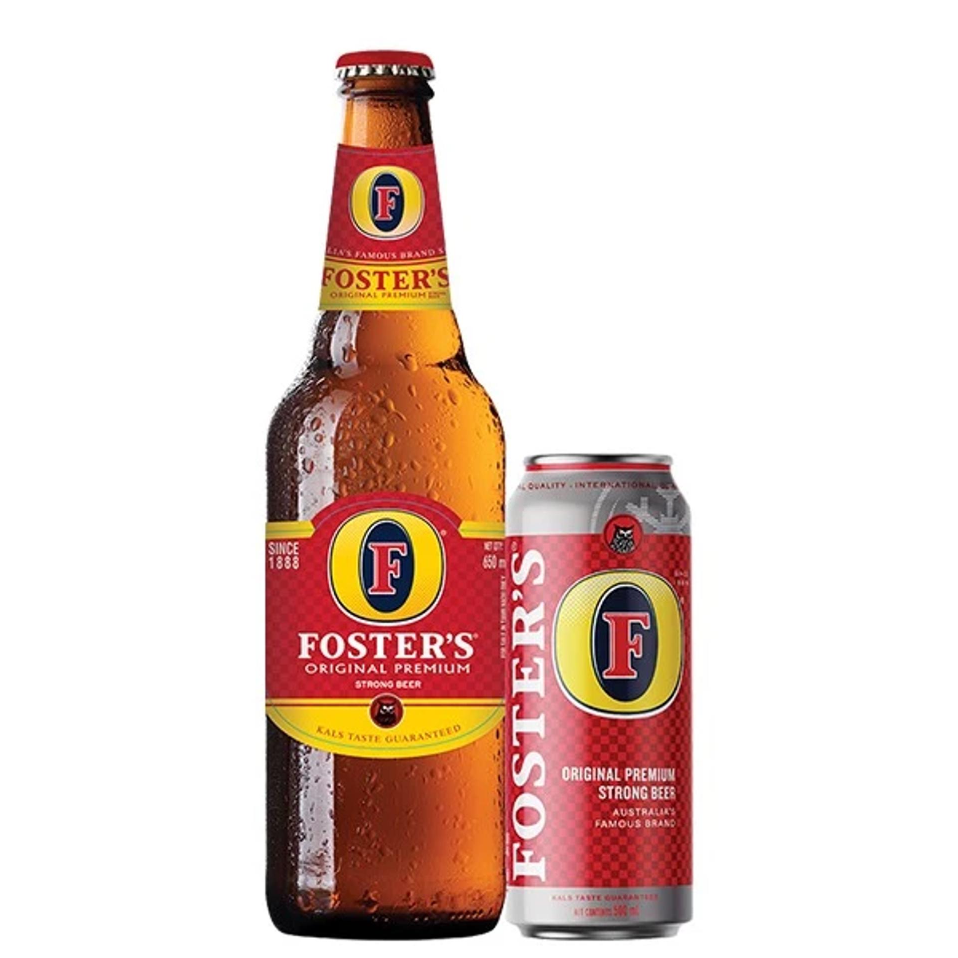 Botella y lata de cerveza Foster's Original Premium