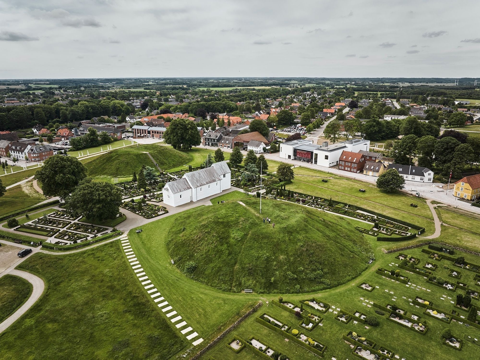The two hills with the church in the middle seen from the air