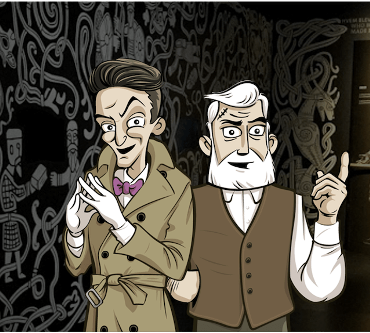 Tegning af detektiver til spillet Museumsmysteriet