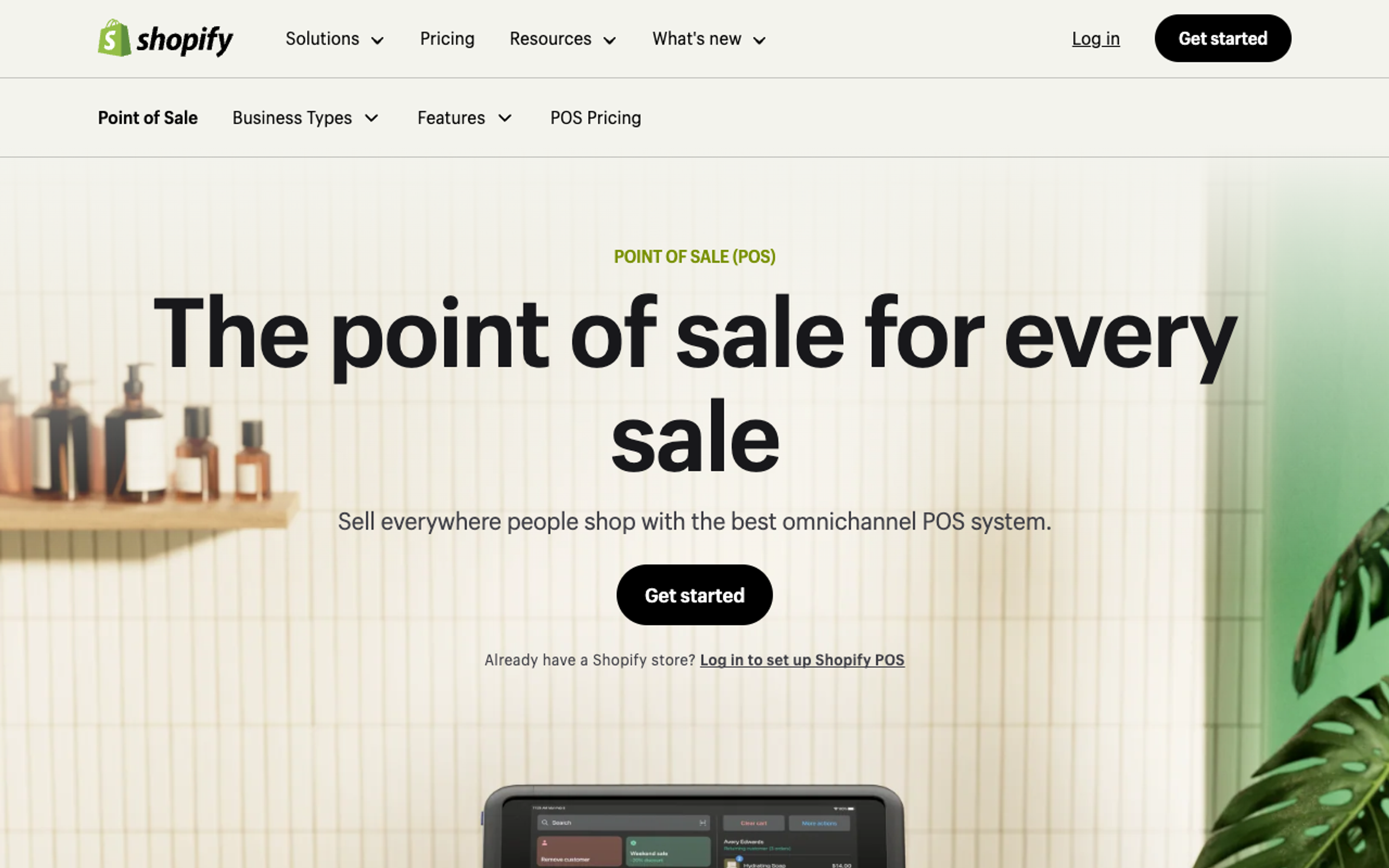 A homepage screenshot from Shopify Point of Sale webpage.