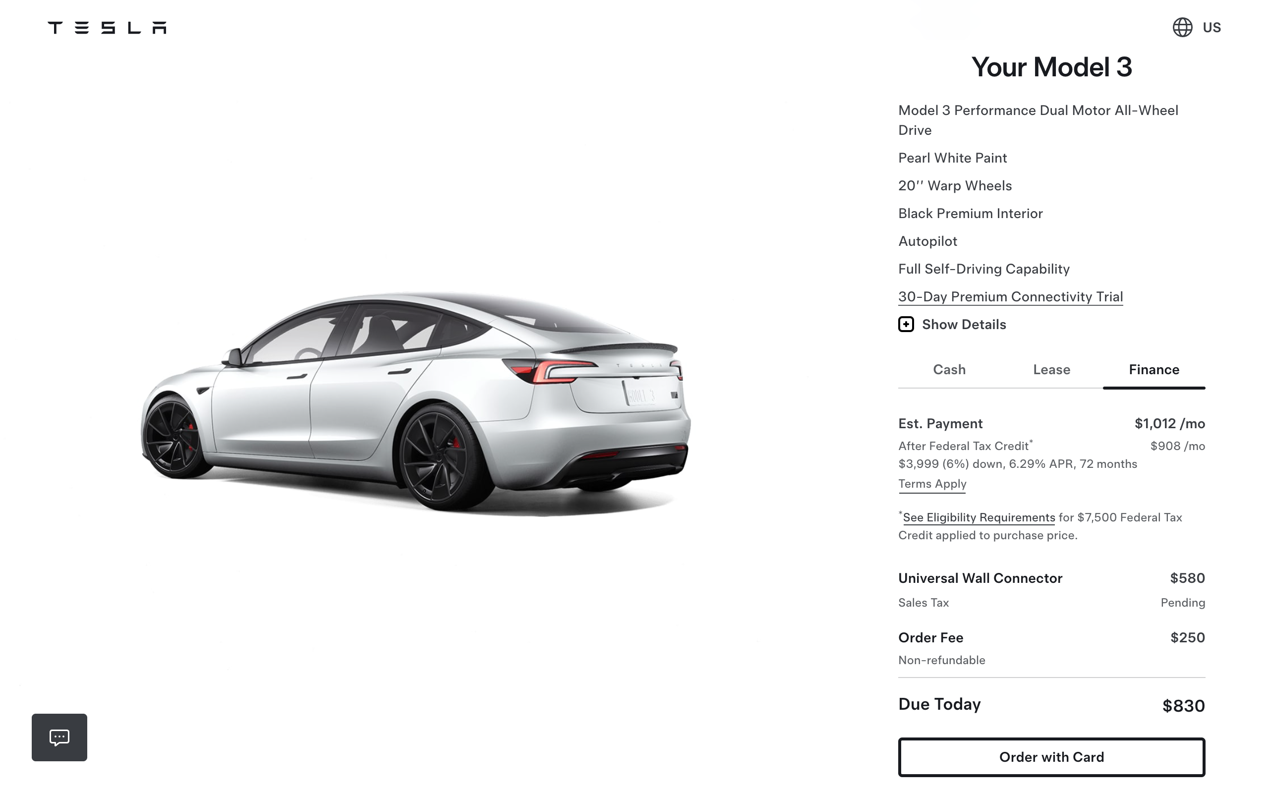 Tesla configurator with accessible financing options