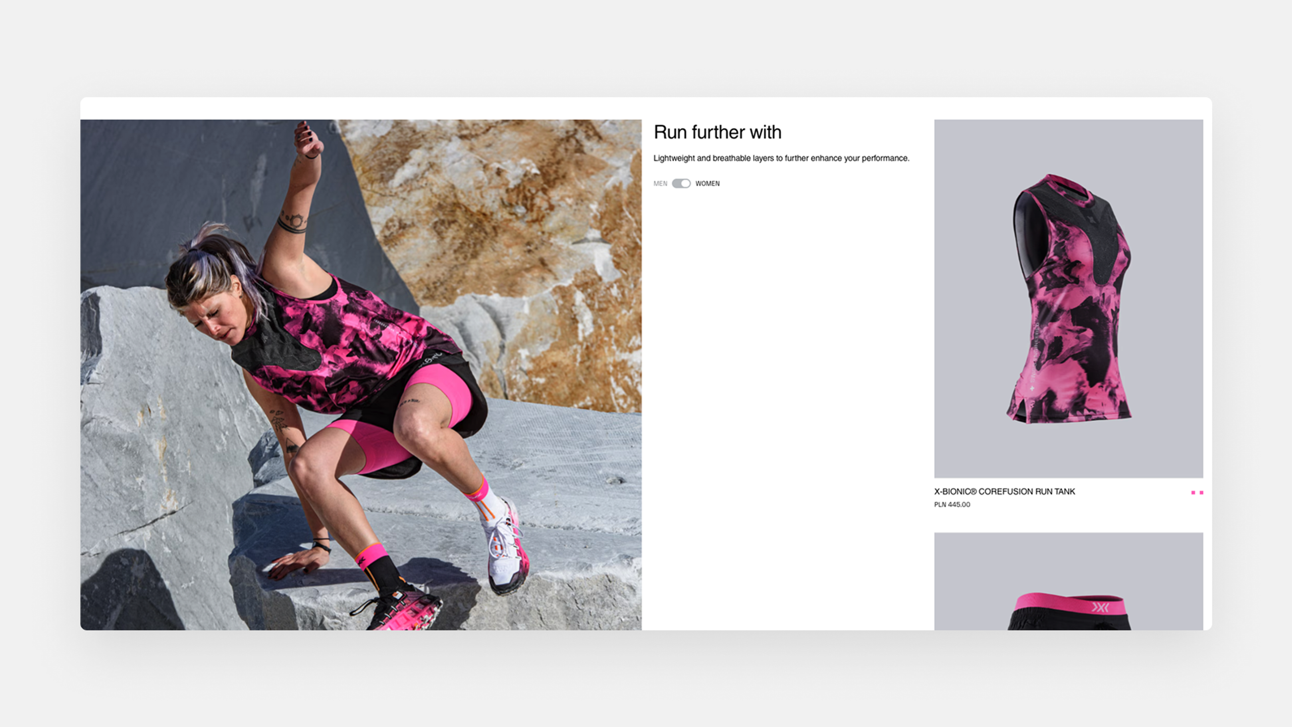 Interactive women’s running apparel product card featuring the X-BIONIC® Corefusion Run Tank in pink and black. Split-screen layout shows an athlete mid-motion on rocky terrain, paired with a static product image and a gender toggle switch. Subtle hover indicators and sliding dot pagination signal dynamic browsing and smooth transitions in a performance-focused shopping experience.