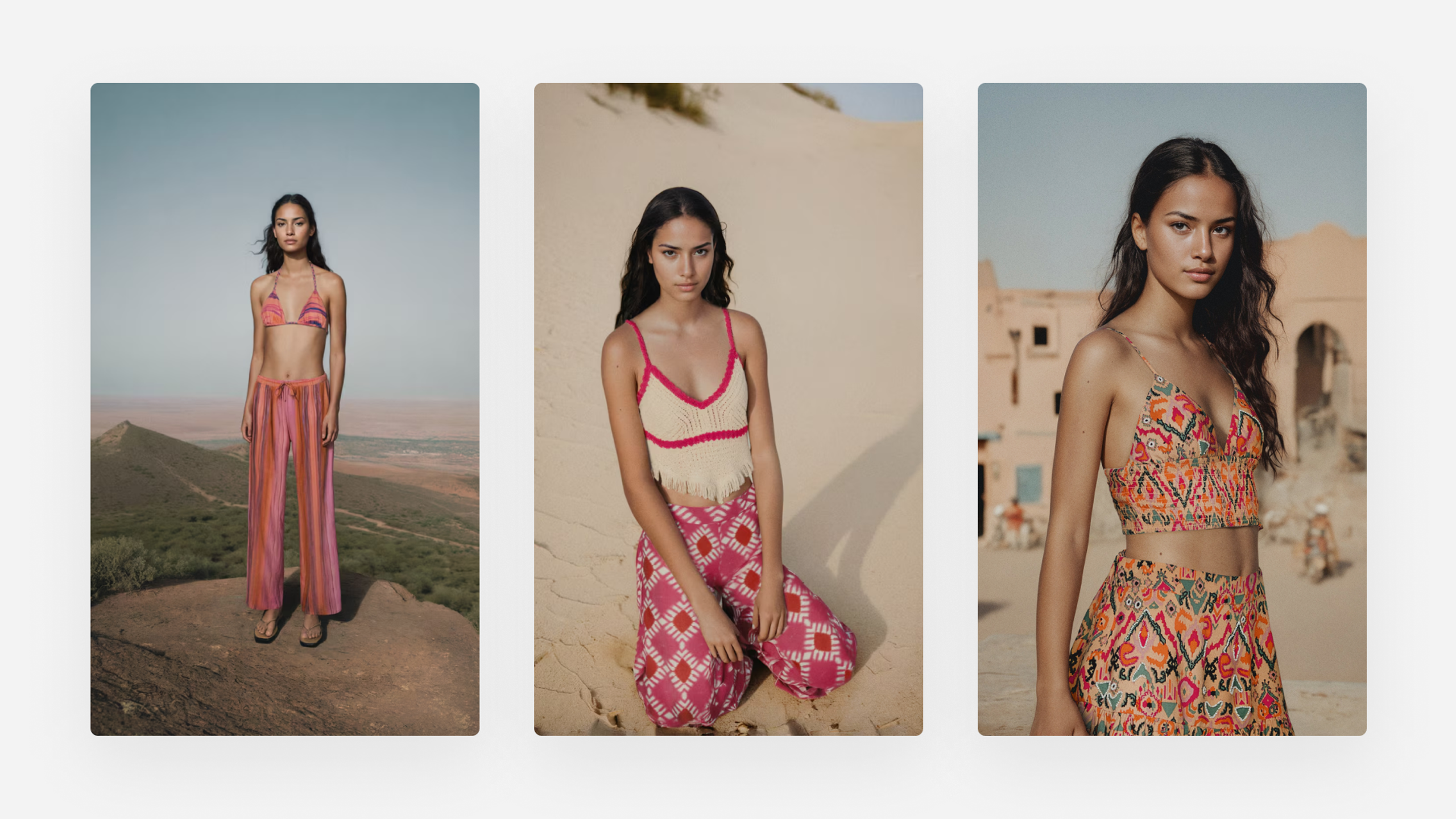 AI-generated MANGO fashion campaign showcasing three summer looks. Left: model wearing a pink and orange bikini top with matching wide-leg pants in a desert landscape. Center: model in a cream crochet crop top with red trim, paired with red geometric patterned pants, seated on sand dunes. Right: model wearing a colorful printed crop top and matching high-waisted skirt, standing in front of sunlit adobe buildings.