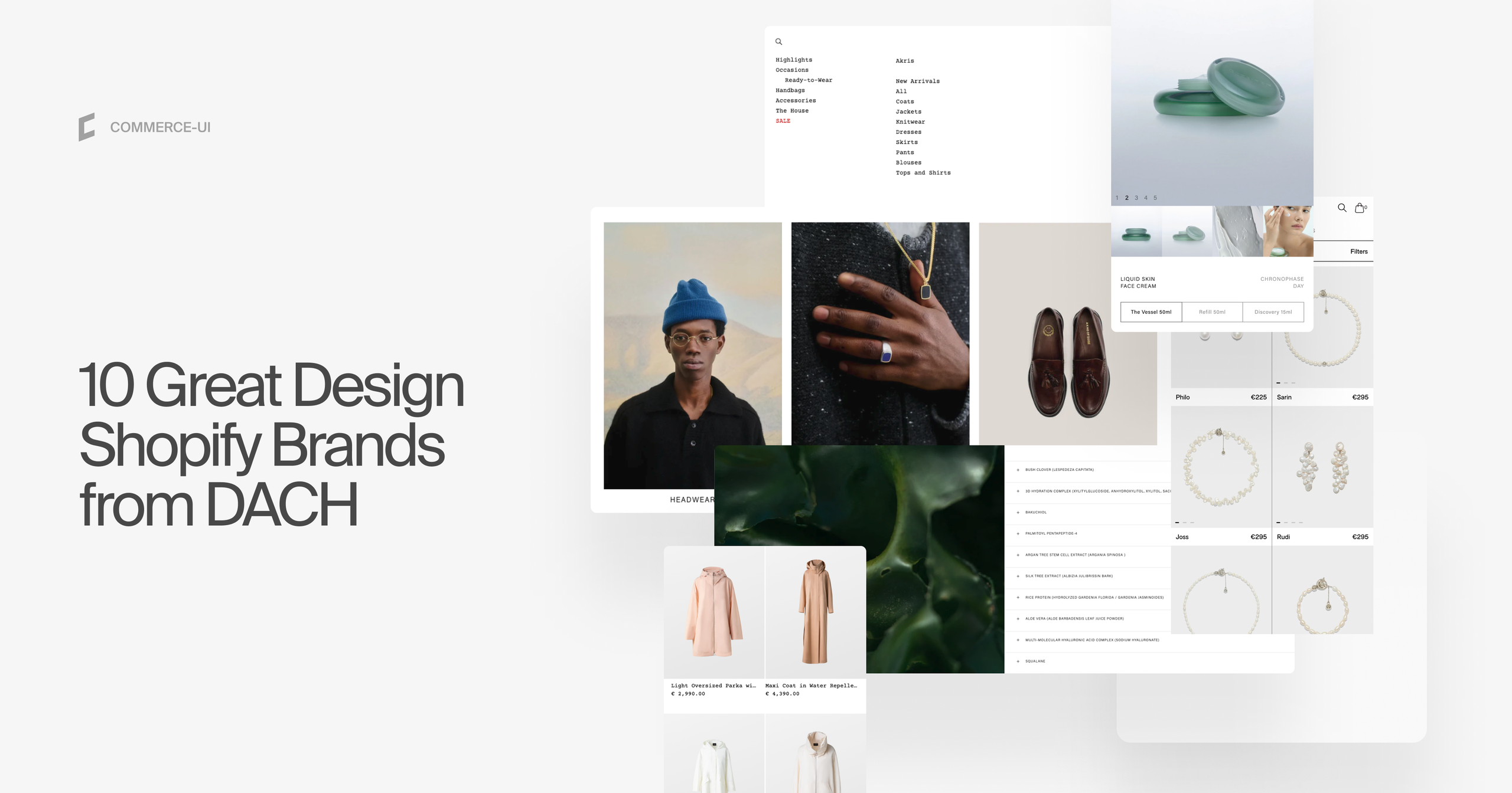 Cover image reading “10 Best DACH Shopify eCommerce Sites: Fashion, Beauty and Hardware” with Commerce-UI logo and a collage of Shopify storefront screenshots featuring a model, jewelry, skincare, clothing and shoes.