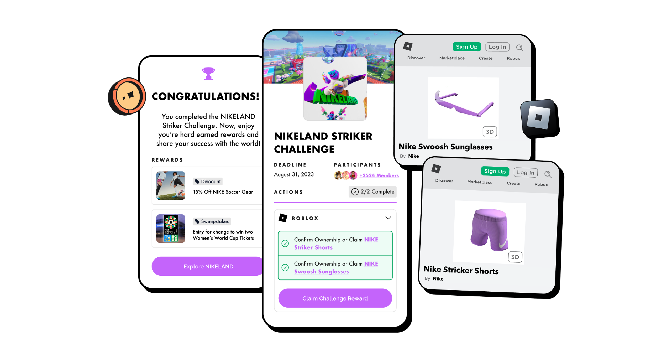 Multiple screens featuring an assortment of Nikeland Roblox items, illustrating a variety of products in a digital format.