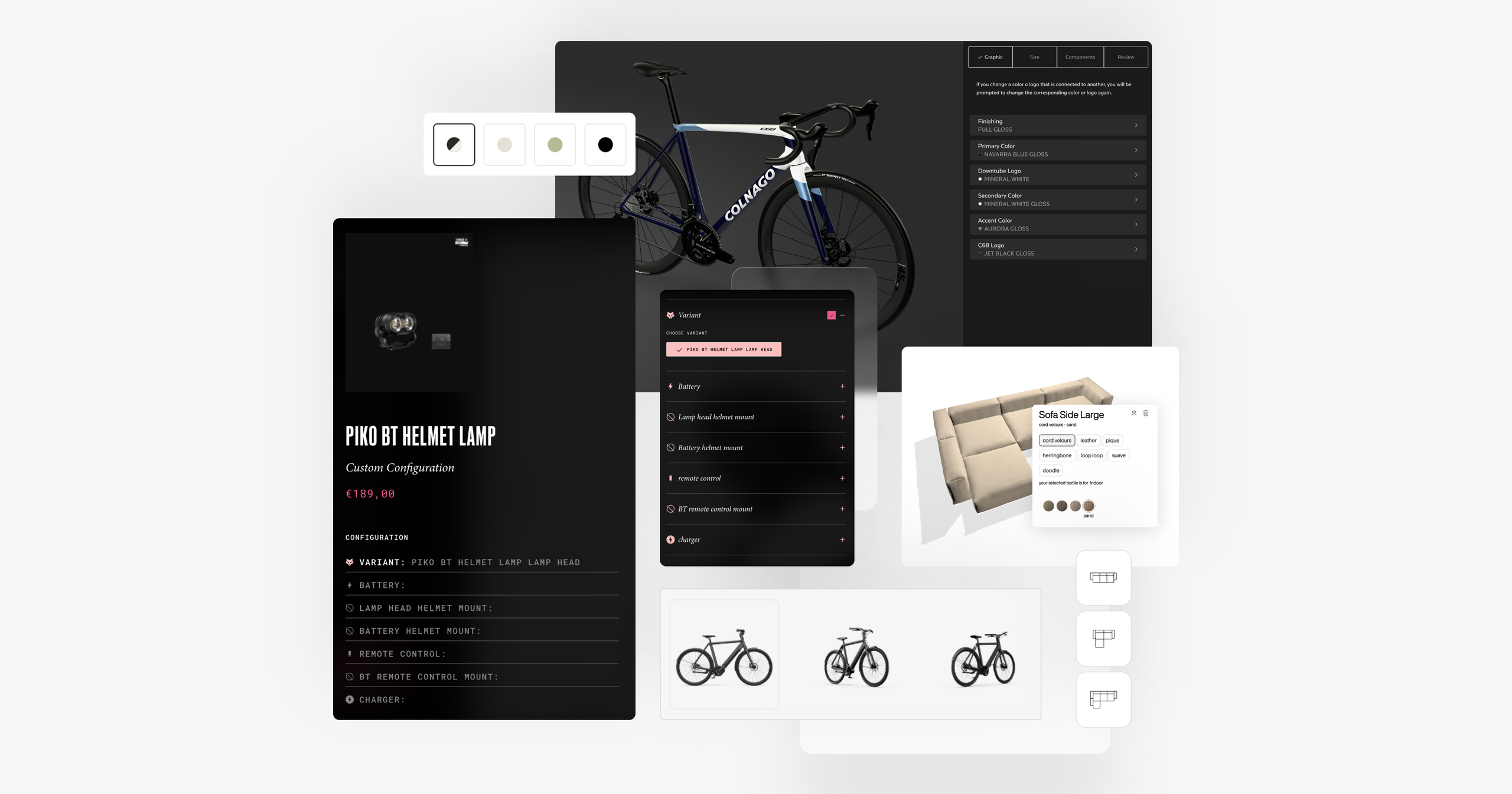 Examples of advanced Shopify product configurators showing customizable products like a bike, helmet lamp, and mattress with interactive color, variant, and component selection interfaces.