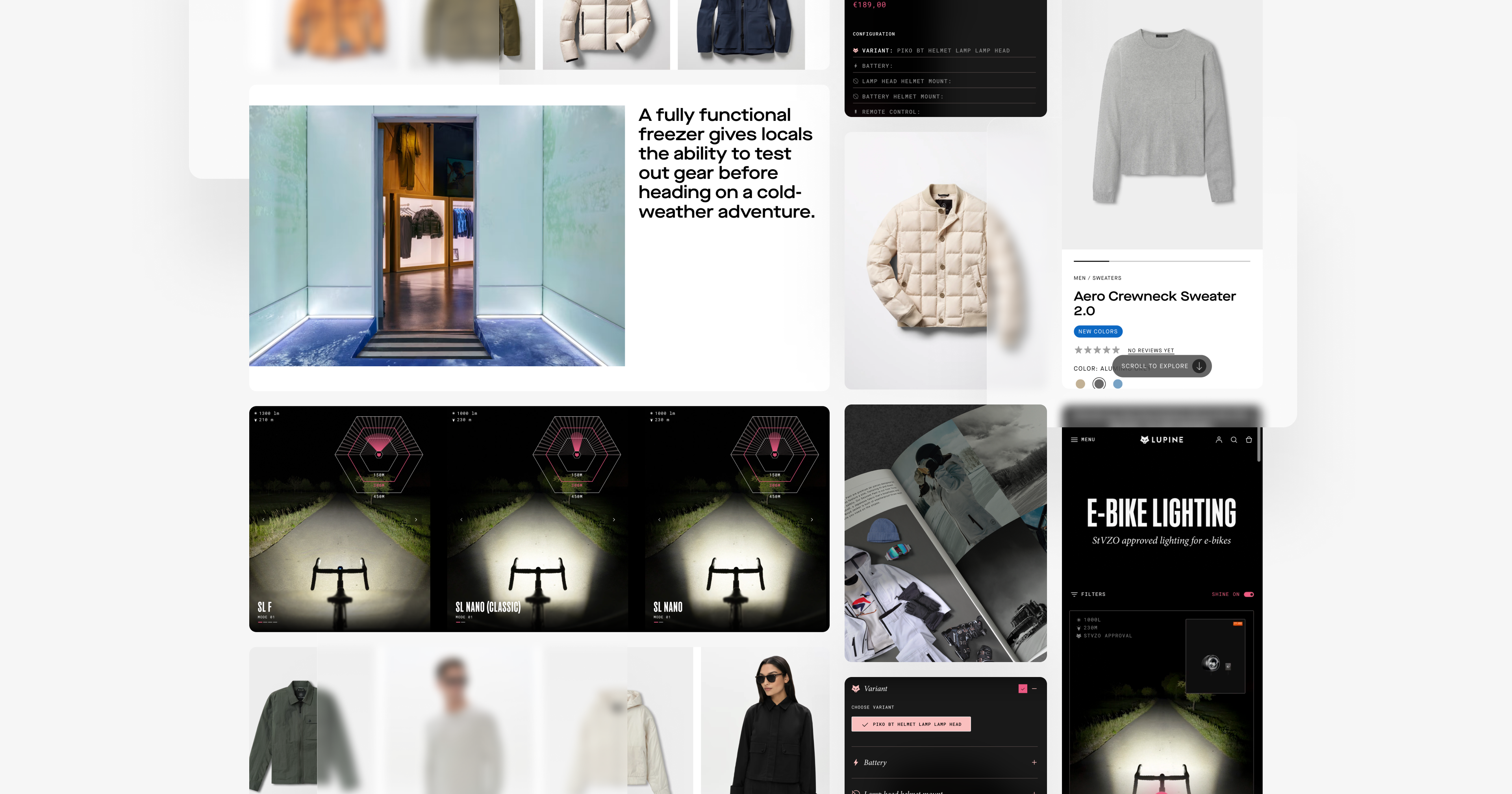 Commerce-UI webpage featuring the headline ‘Why We Don’t Build on Pre-Made Shopify Themes – And Never Will’ alongside a collage of product images including jackets, gear, and a retail display