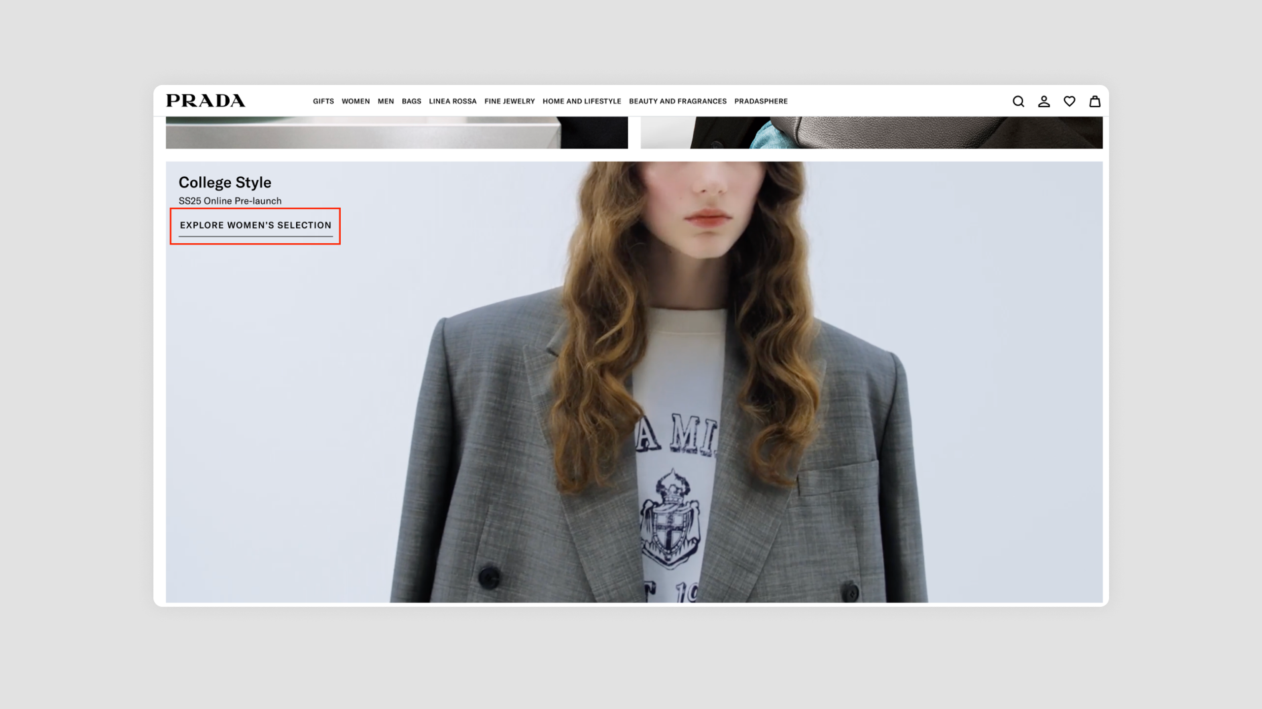 Print screen from Prada website showing how to make a button with a text compliant with ADa guidelines. The text on the button allows you to clearly identify what will happen after clicking the button. 