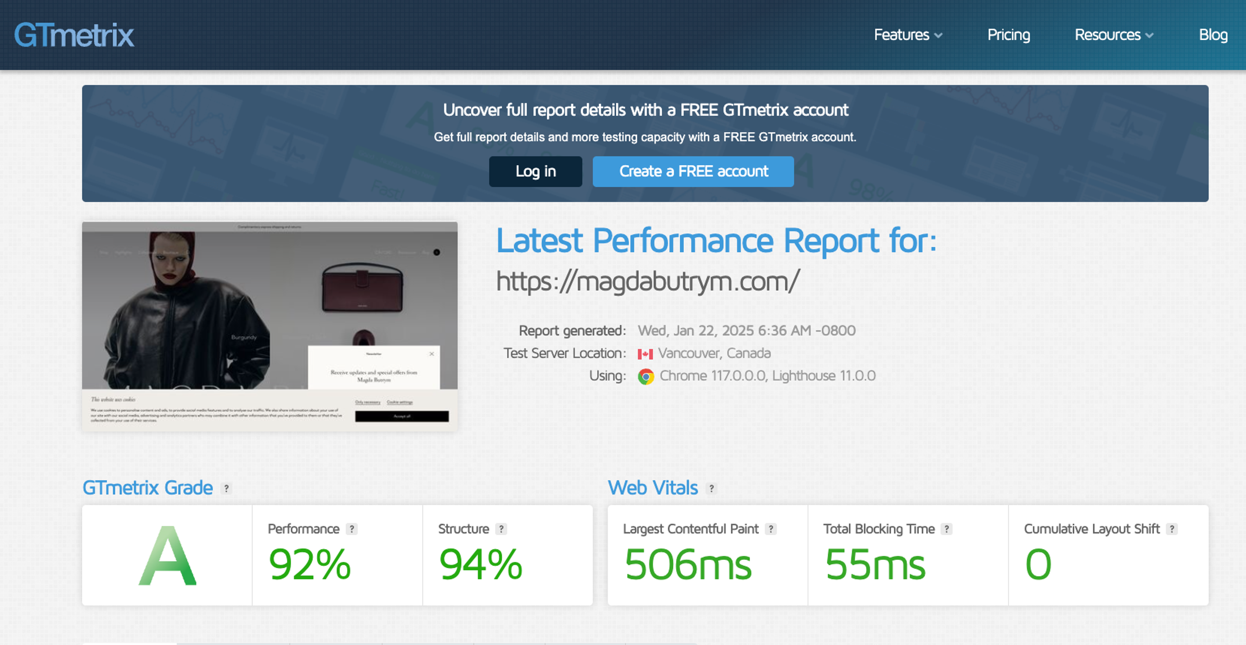 print screen showing gtmetrix tool for measuring core web vitals