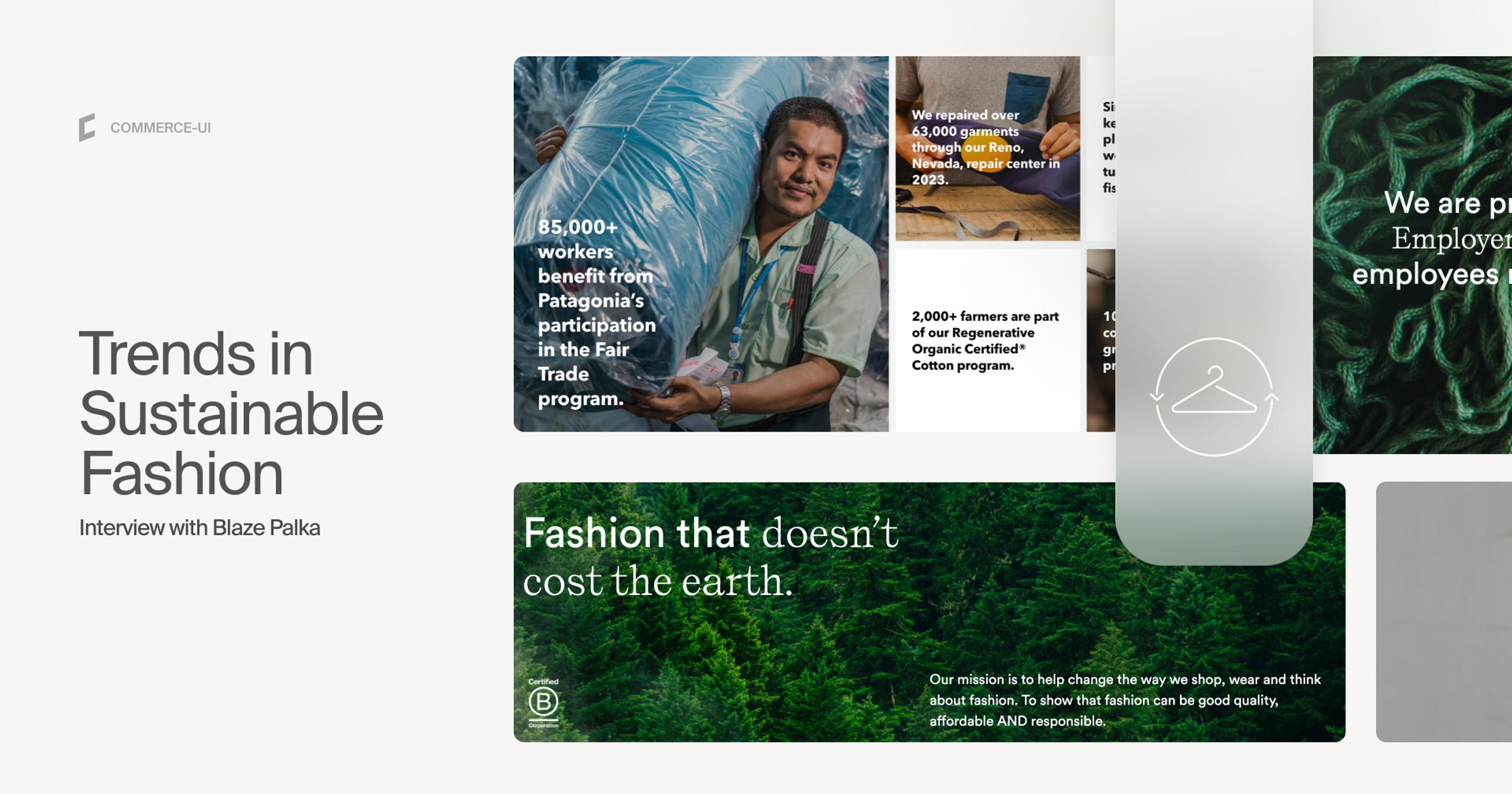 four images relating to sustainable trends in fashion, on two of them are green leaves, on two people 