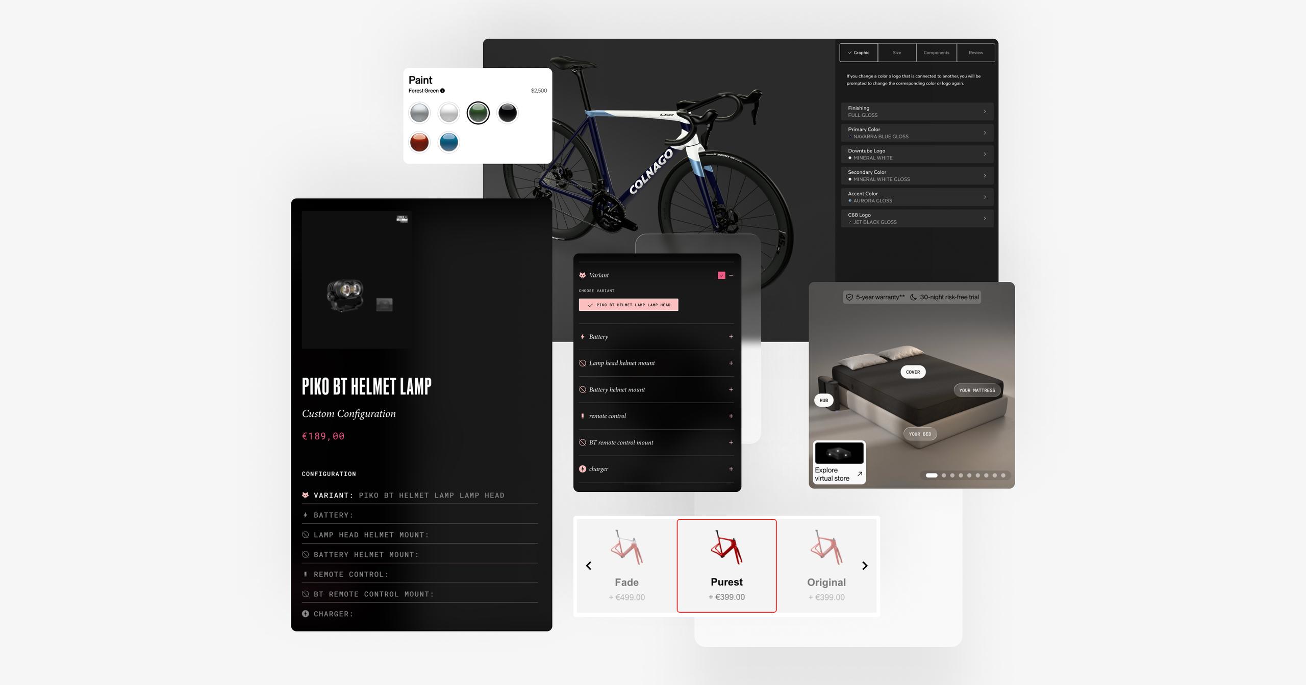 Examples of advanced Shopify product configurators showing customizable products like a bike, helmet lamp, and mattress with interactive color, variant, and component selection interfaces.