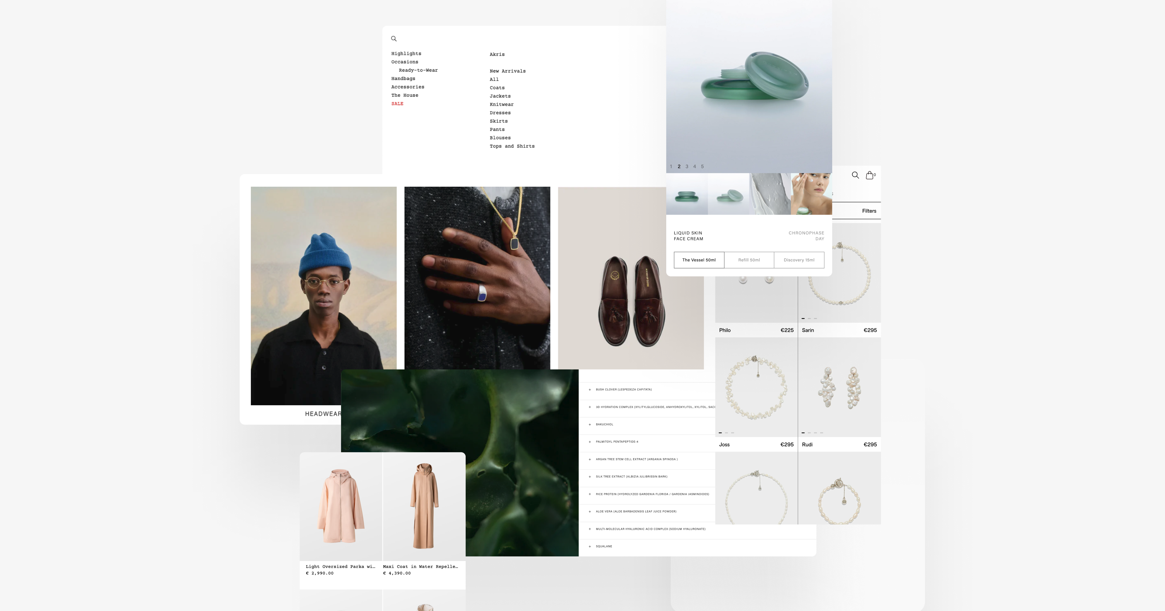 Cover image with Commerce-UI logo and a collage of Shopify storefront screenshots featuring a model, jewelry, skincare, clothing and shoes.
