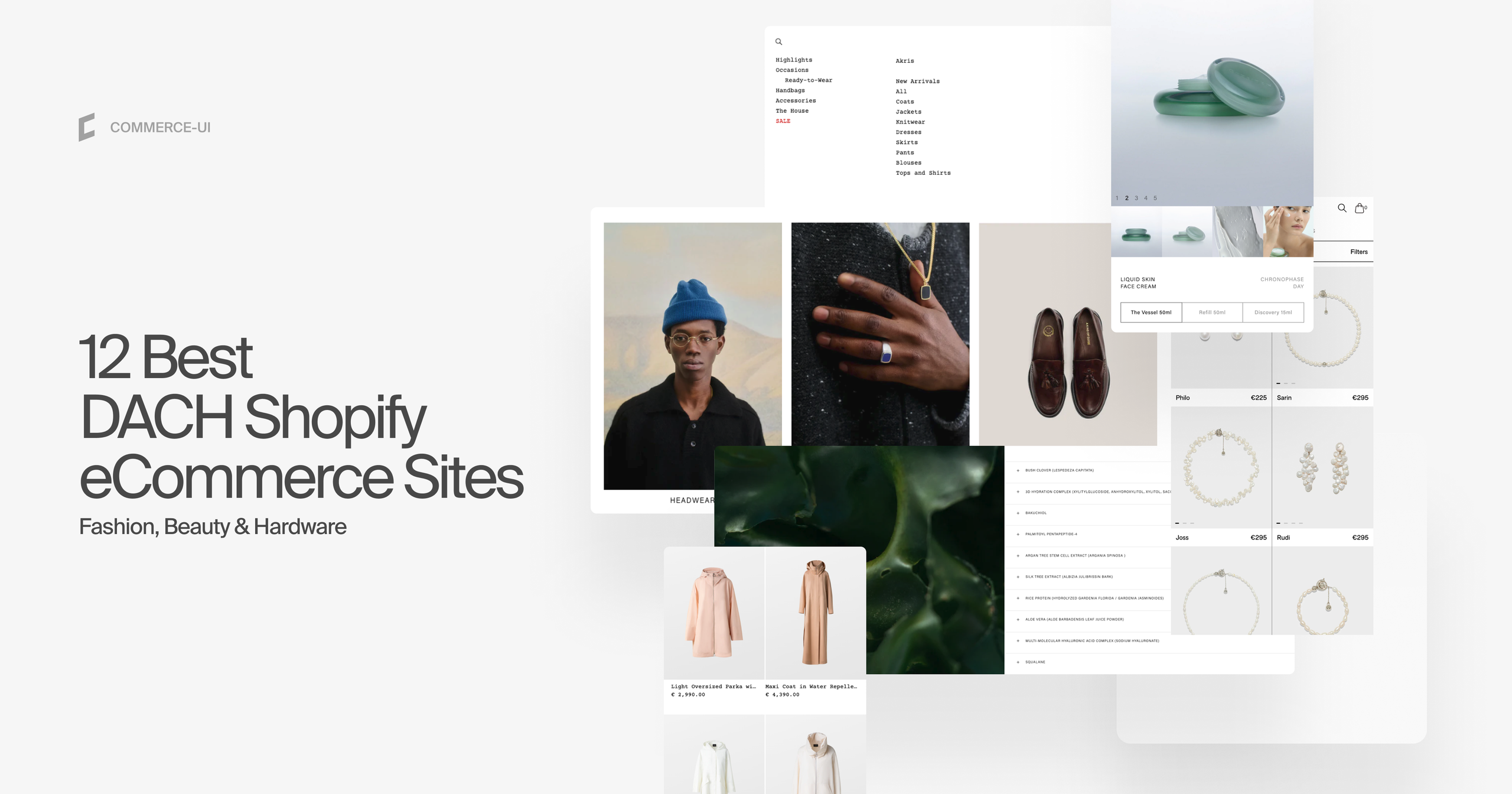 Cover image reading “12 Best DACH Shopify eCommerce Sites: Fashion, Beauty and Hardware” with Commerce-UI logo and a collage of Shopify storefront screenshots featuring a model, jewelry, skincare, clothing and shoes.