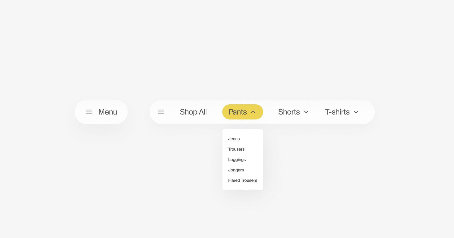 eCommerce UI example showing dropdown menu microinteraction for product category 'Pants' with smooth motion design — part of article on motion in eCommerce UX