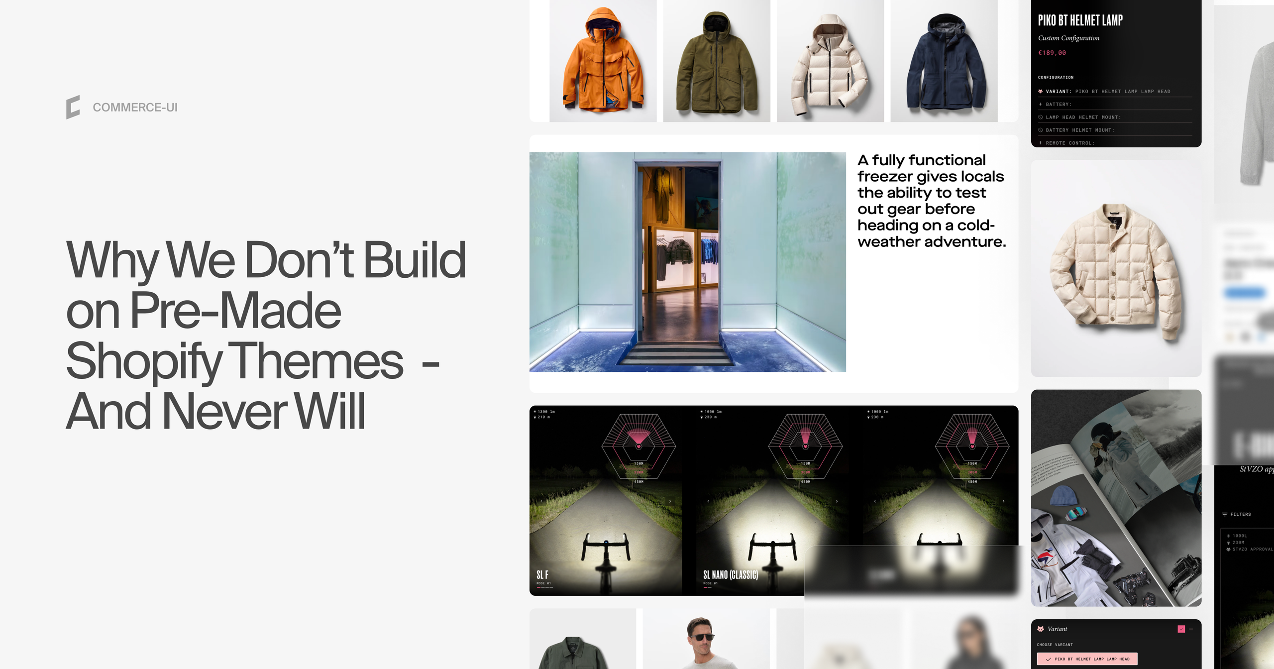 Commerce-UI webpage featuring the headline ‘Why We Don’t Build on Pre-Made Shopify Themes – And Never Will’ alongside a collage of product images including jackets, gear, and a retail display