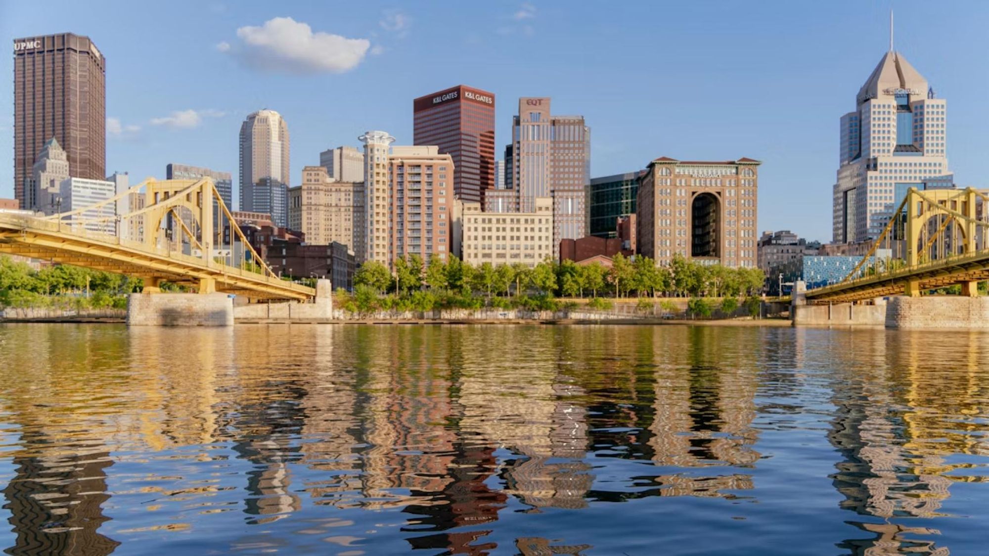A view showing the skyline of Pittsburgh from the riverfront.