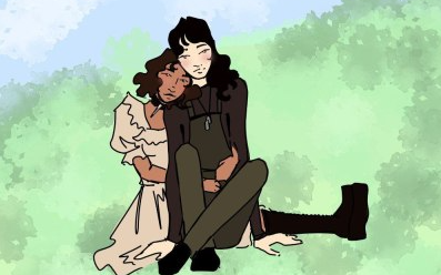 Two people sitting on grass