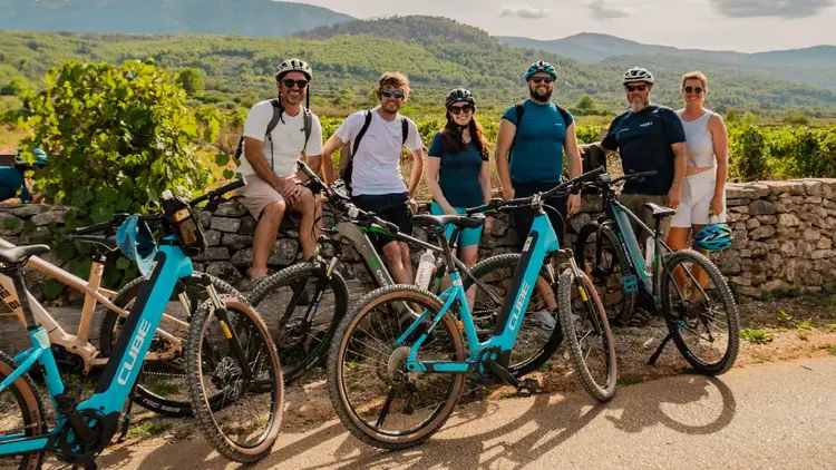 Group of cyclists pose for a photo in front of a vineyard in Croatia