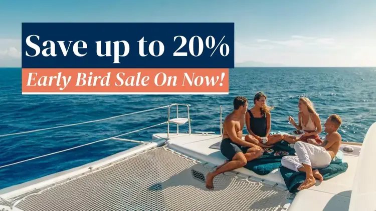 Friends relaxing on a Yacht Getaways catamaran cruise in Greece and Croatia – Save up to 20% in our Early Bird sailing holiday sale, on now.