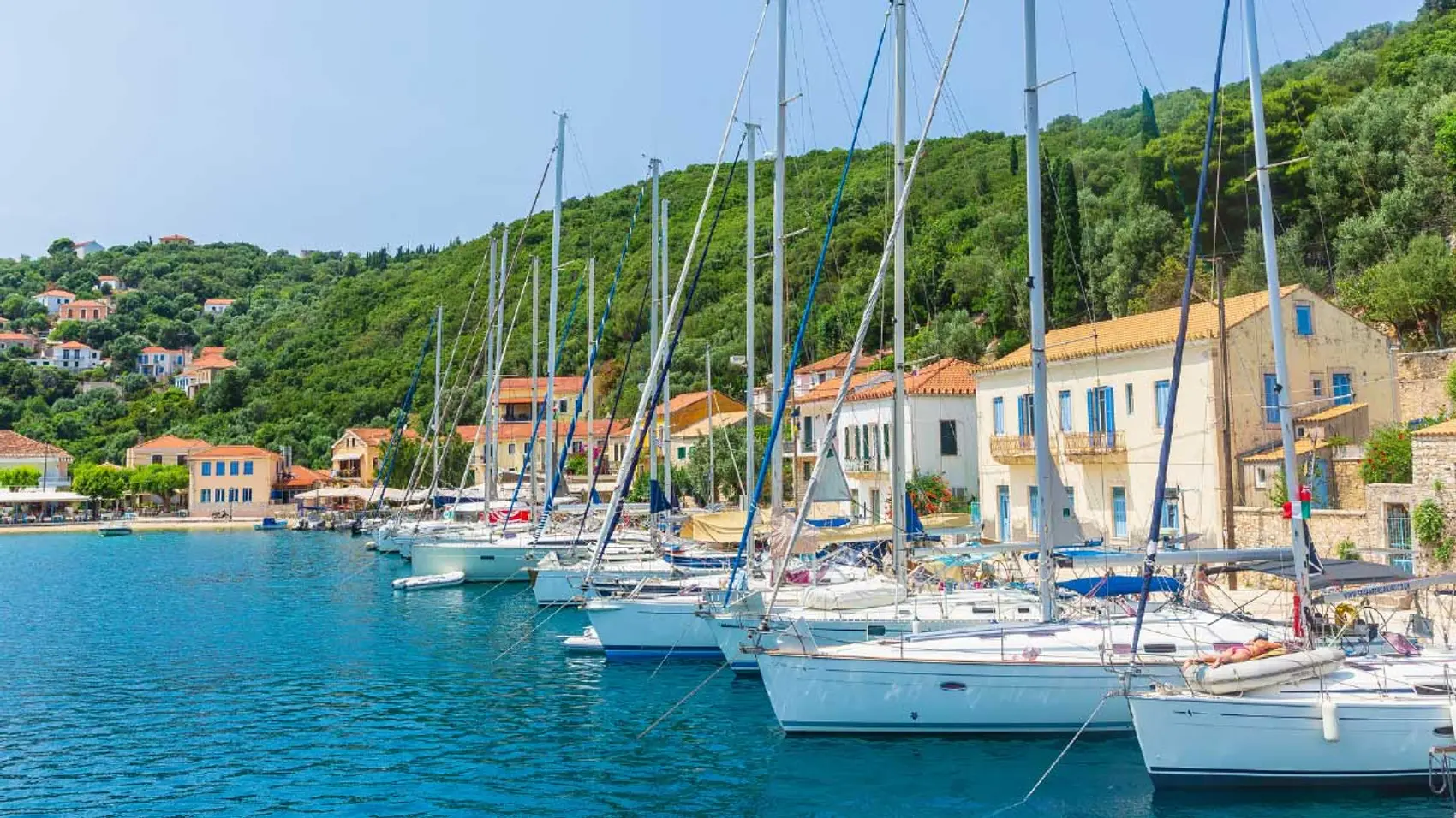 Yachts lined up on the waterfront in Kioni