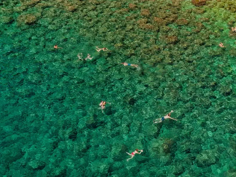 Travellers swimming in the crystal-clear turquoise Adriatic Sea near Dubrovnik, Croatia, surrounded by rocky seabed and vibrant Mediterranean waters. Swimming in the Adriatic is one of the most enjoyable parts of visiting Dubrovnik, especially during warm summer days along the Croatian coast.