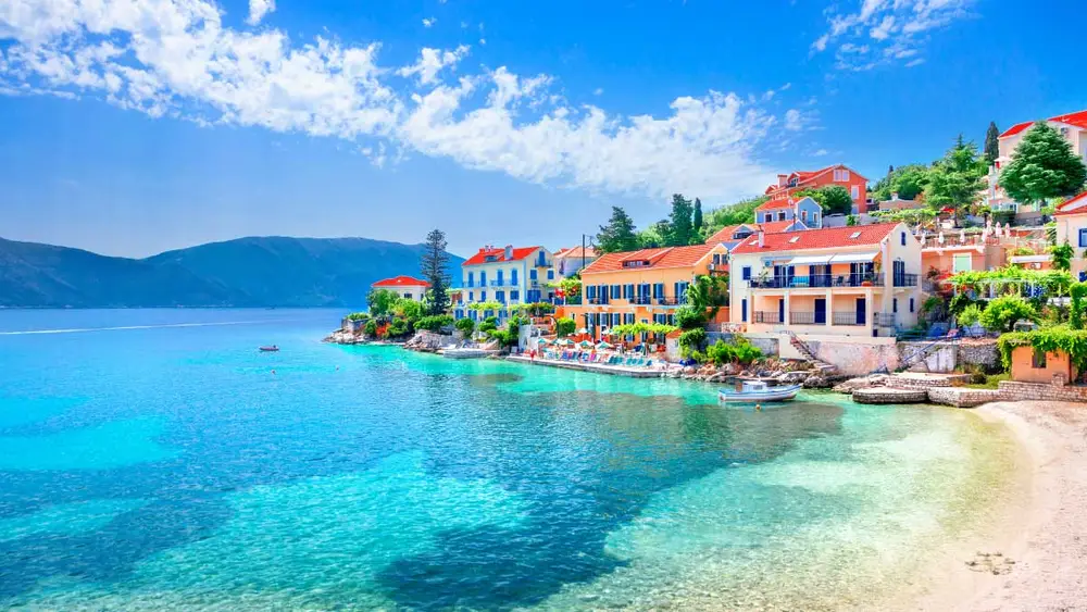 Colourful houses on the waterfront in Fiskardo in Greece