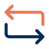 Arrows orange and blue in opposite directions for Flexible Booking icon on catamaran cruises in the Mediterranean with yacht Getaways.