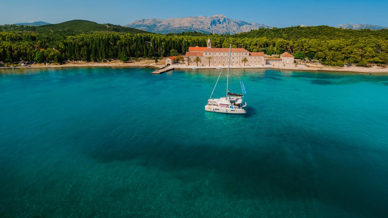 Catamaran anchored outside Korcula in Croatia