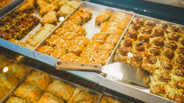 Trays of baklava pastries in Greece